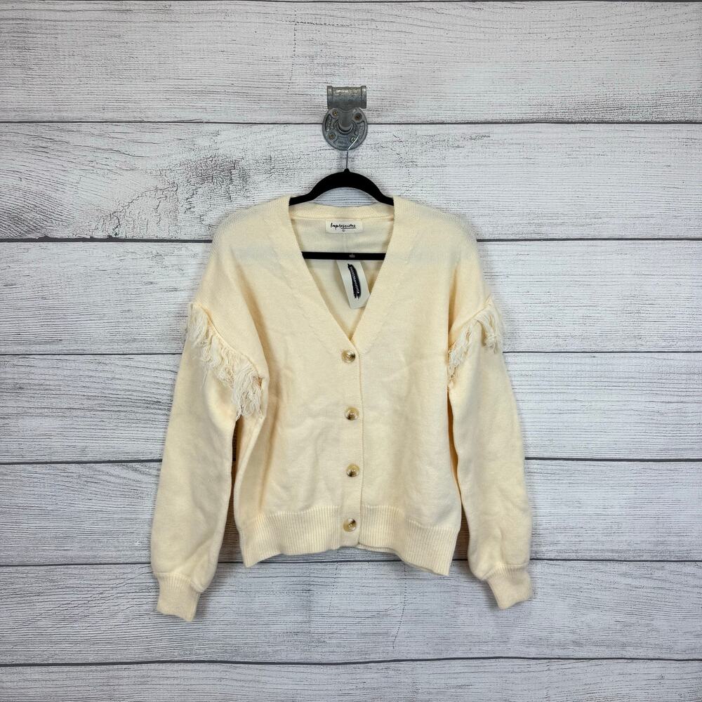 Impressions Women's Cream Fringe Shoulder Knit Button Up Sweater Size Large